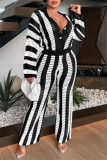 Blue Casual Stripe Patchwork Contrast Turndown Collar Long Sleeve Two Pieces