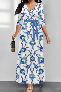 Blue Street Elegant Floral Print Lace Up V Neck Printed Dresses