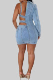 Light Blue Street Solid Color Hollow Out Pocket Patchwork V Neck Long Sleeve Skinny Denim Dresses
