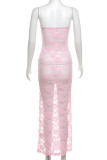 Pink Sexy Lace Patchwork See-Through Backless Spaghetti Strap Sling Dresses