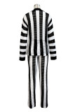 Blue Casual Stripe Patchwork Contrast Turndown Collar Long Sleeve Two Pieces