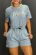 Grey Casual Daily Letters Draw String Pocket Beading O Neck Short Sleeve Two Pieces