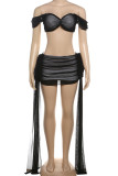 Black Sexy Solid Color Patchwork Ruched Mesh Strapless Short Sleeve Two Pieces