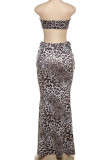Leopard Print Sexy Leopard Print Hollow Out Patchwork Backless Strap Design Strapless Sleeveless Two Pieces