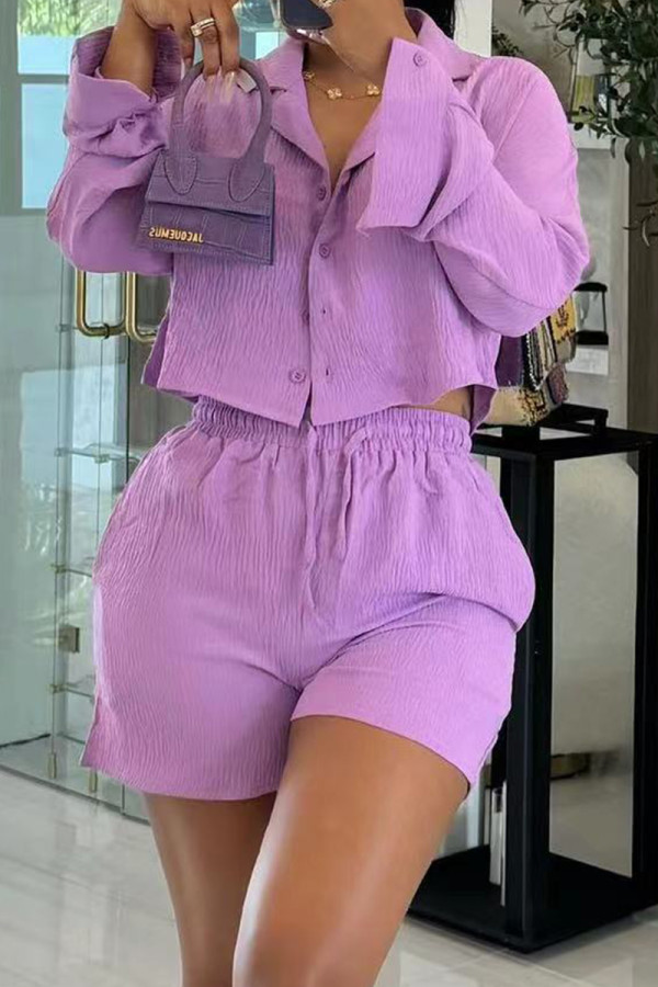 Purple Casual Solid Color Buckle Patchwork Turndown Collar Long Sleeve Two Pieces