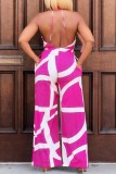 Rose Red Casual Print Backless Regular Jumpsuits