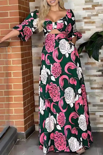 Multicolor Celebrities Print Hollow Out Patchwork Zipper Long Dresses