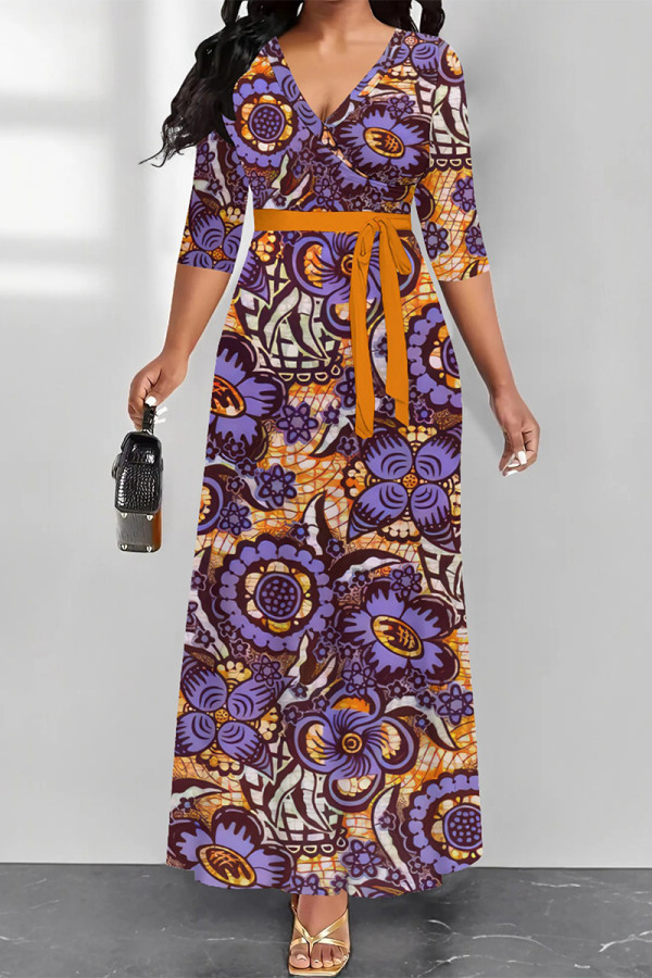 Orange Purple Street Elegant Floral Print Lace Up V Neck Printed Dresses