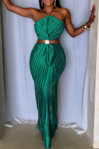Green Celebrities Solid Color Hollow Out Patchwork Backless Ruched Halter Long Dresses