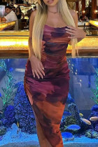 Purple Sexy Print Patchwork Backless Spaghetti Strap Sling Dresses