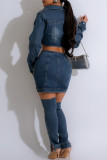 Blue Street Letters Pocket Buckle Patchwork Turndown Collar Long Sleeve Two Pieces