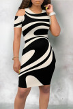Multicolor Casual Geometric Print Contrast O Neck Printed Dresses