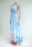 Blue Celebrities Print Patchwork Backless Strap Design Halter Evening Dresses