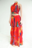 Red Celebrities Print Patchwork Half A Turtleneck Sleeveless Two Pieces