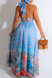 Blue Celebrities Print Patchwork Backless Strap Design Halter Evening Dresses