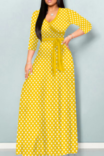 Yellow Casual Print Patchwork Strap Design V Neck Long Dresses
