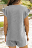 Black Casual Solid Color Draw String Pocket Patchwork O Neck Short Sleeve Two Pieces
