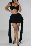 Black Sexy Solid Color Patchwork Backless Ruched Ruffled Trim Square Neck Sleeveless Two Pieces