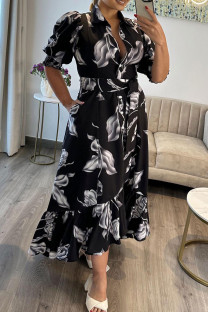 Black Celebrities Print Pocket Buckle Patchwork Turndown Collar Long Plus Size Dresses