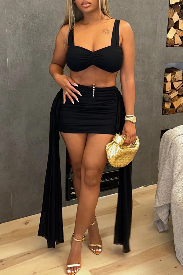 Black Sexy Solid Color Patchwork Backless Ruched Ruffled Trim Square Neck Sleeveless Two Pieces