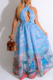 Blue Celebrities Print Patchwork Backless Strap Design Halter Evening Dresses