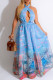 Blue Celebrities Print Patchwork Backless Strap Design Halter Evening Dresses