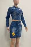 Blue Street Letters Pocket Buckle Patchwork Turndown Collar Long Sleeve Two Pieces