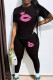 Black Casual Lips Print Patchwork O Neck Short Sleeve Two Pieces