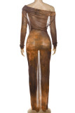Brown Celebrities Print Patchwork See-Through Off Shoulder Long Dresses