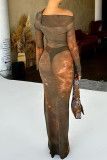 Brown Celebrities Print Patchwork See-Through Off Shoulder Long Dresses