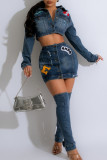 Blue Street Letters Pocket Buckle Patchwork Turndown Collar Long Sleeve Two Pieces