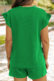 Black Casual Solid Color Draw String Pocket Patchwork O Neck Short Sleeve Two Pieces
