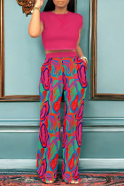Rose Red Casual Geometric Print Pocket Contrast O Neck Short Sleeve Two Pieces