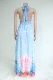 Blue Celebrities Print Patchwork Backless Strap Design Halter Evening Dresses