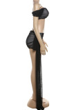 Black Sexy Solid Color Patchwork Ruched Mesh Strapless Short Sleeve Two Pieces
