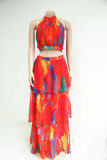 Red Celebrities Print Patchwork Half A Turtleneck Sleeveless Two Pieces