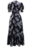 Black Celebrities Print Pocket Buckle Patchwork Turndown Collar Long Plus Size Dresses