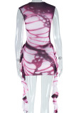 Pink Brown Sexy Print Patchwork O Neck Wrapped Skirt Dresses