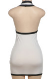 Cream White Sexy Patchwork Backless Contrast Deep V Neck Wrapped Skirt Dresses