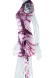 Pink Brown Sexy Print Patchwork O Neck Wrapped Skirt Dresses