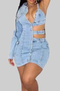 Light Blue Street Solid Color Hollow Out Pocket Patchwork V Neck Long Sleeve Skinny Denim Dresses