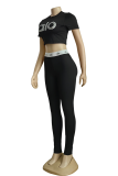 Black Casual Letter Print Patchwork O Neck Short Sleeve Two Pieces