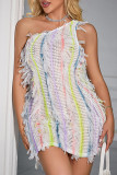 Colour Sexy Fringed Trim Patchwork Backless Oblique Collar Wrapped Skirt Dresses