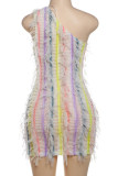 Colour Sexy Fringed Trim Patchwork Backless Oblique Collar Wrapped Skirt Dresses