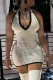 Cream White Sexy Patchwork Backless Contrast Deep V Neck Wrapped Skirt Dresses