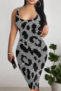 Silver Sexy Gradient Print Leopard Print Contrast U Neck Printed Dresses