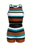 Multicolor Casual Hot Stripe Contrast O Neck Sleeveless Two Pieces