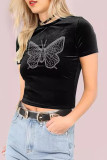 Black Casual Butterfly Patchwork O Neck T-Shirts