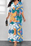 Multicolor Street Elegant Floral Print Lace Up V Neck Printed Dresses