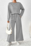 Grey Casual Solid Color Draw String Pocket Patchwork O Neck Long Sleeve Two Pieces